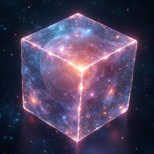 A glowing transparent cube holds a beautiful galaxy inside it. The cube appears on a vibrant abstract background with cosmic elements. The artwork has a surreal, ethereal quality.