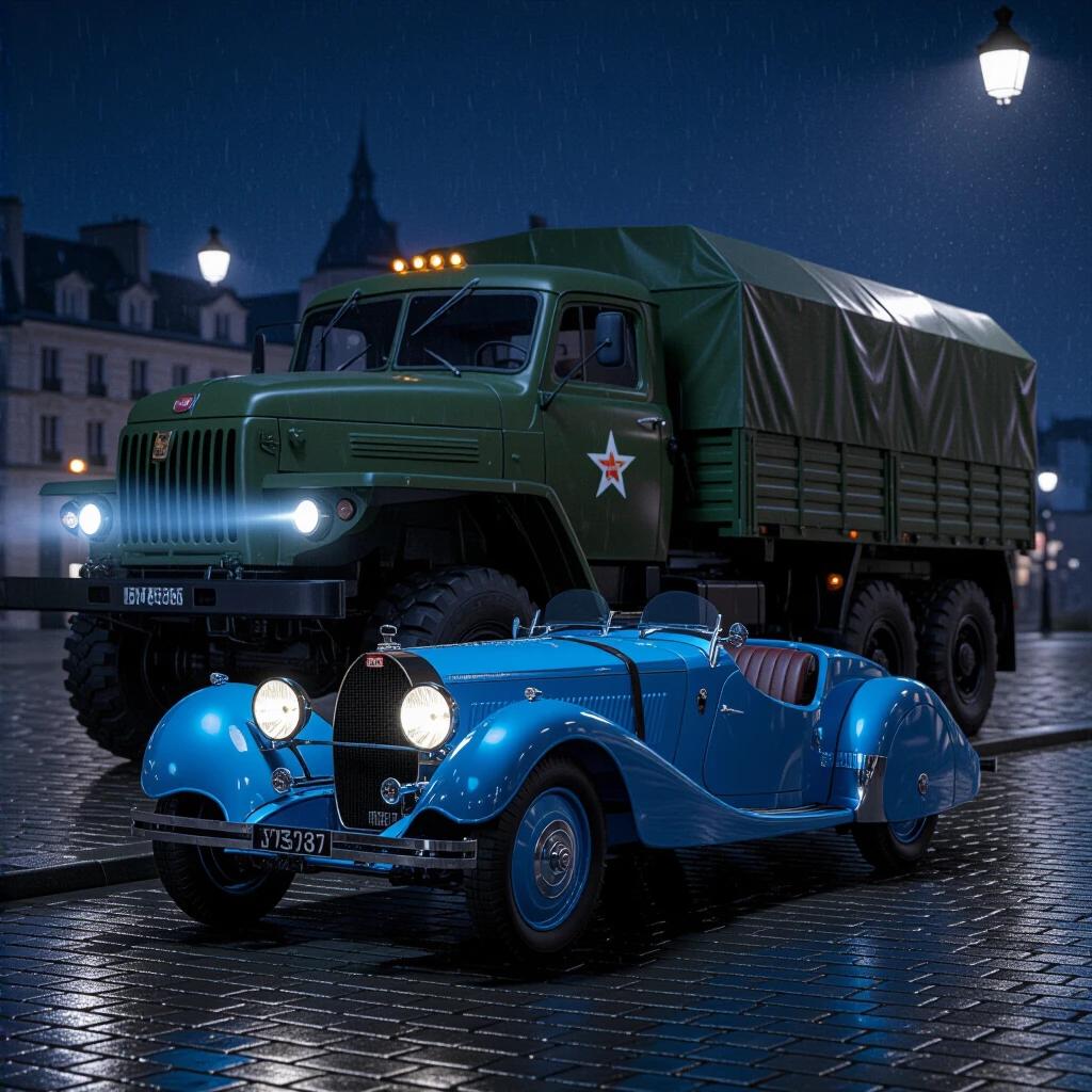 Photorealistic night scene depicting a 1924 Bugatti Type 35 in French Racing Blue parked beside a colossal Soviet military truck on rain-slicked cobblestones. Truck's headlights create an optical barrier and illuminate the Bugatti. The scene captures a cinematic atmosphere with a low perspective. Focus on the vehicles and their arrangement under the night sky.