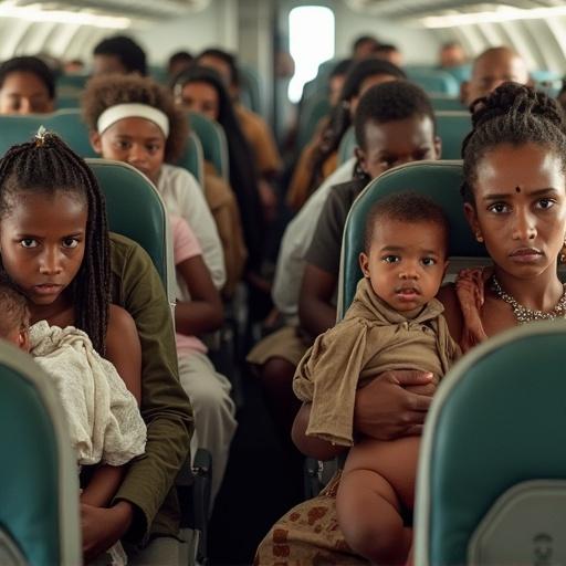 Photo of an airplane filled with diverse individuals from the Ethiopian conflict. Passengers sitting on laps holding children. Attire includes black and white pants or green trousers. Tense atmosphere, tears on faces, some with head bandages.