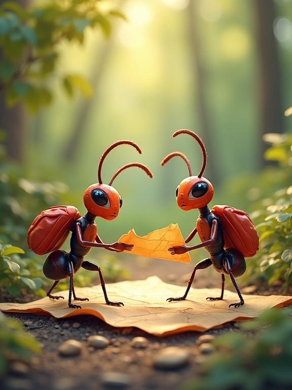 Two cartoon ants in the forest holding a crumpled tissue map. They have tiny backpacks. They appear to be discussing their plans. Background is lush greenery. Soft sunlight creates a warm atmosphere.