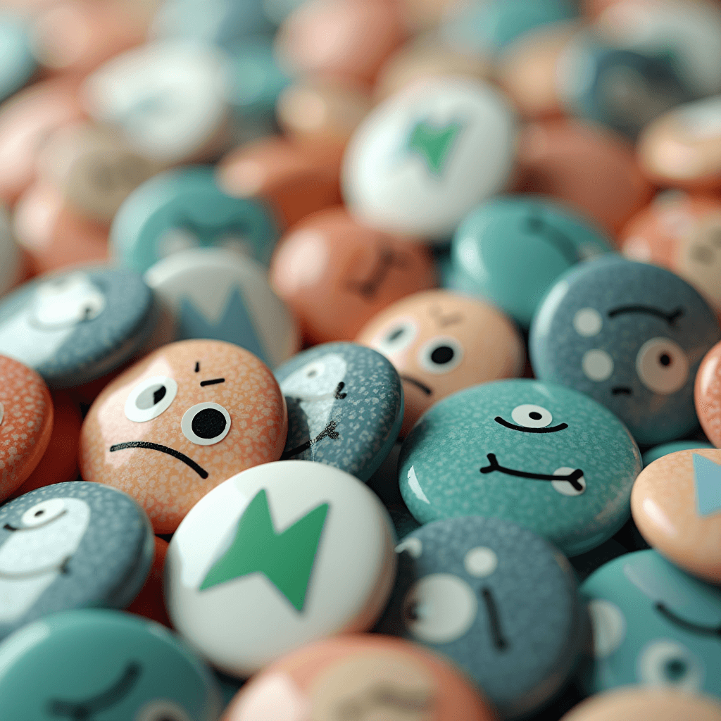 A colorful array of buttons featuring whimsical and expressive cartoon faces.