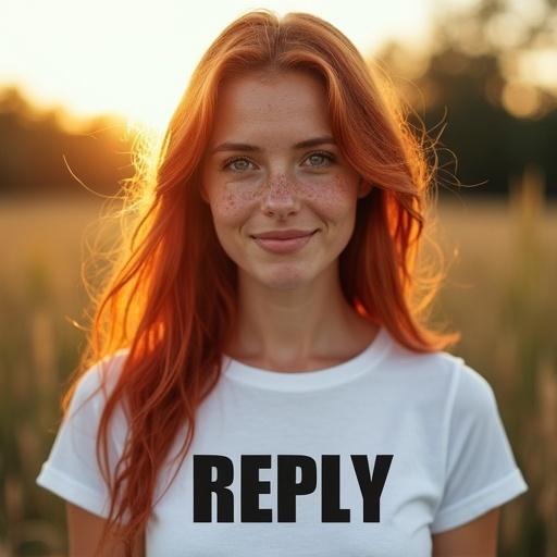 A stunningly beautiful young woman with natural freckles and fair skin. She has bright blue eyes. Soft wavy red hair shines in sunlight. Wearing a white T-shirt with the word 'REPLY' in bold. Scene set during golden hour outdoors. Warm lighting highlights her features. Softly blurred background of nature. Gentle breeze moves her hair. She smiles subtly, radiating charm and confidence. Captured in high-definition style.