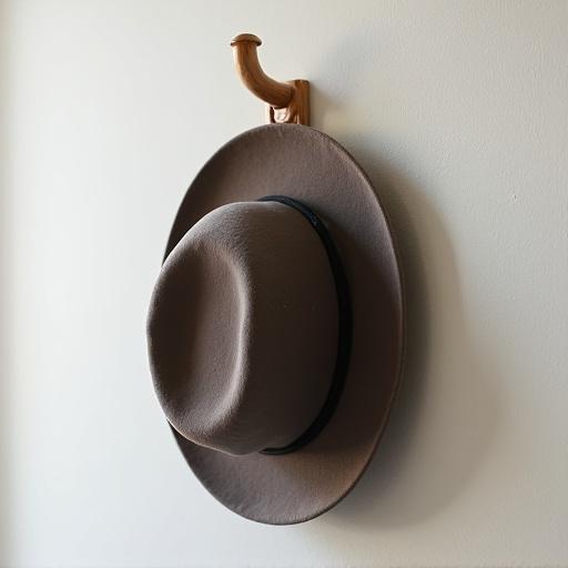 A hat hanging on a hook on the wall. The hat is straw colored and placed neatly. A soft blue scarf is draped over it. The background is neutral, emphasizing simplicity and elegance.