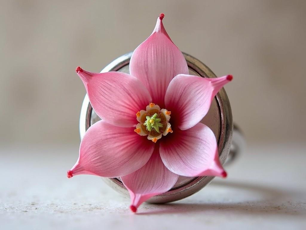 This image features a stunning close-up of a pink hellebore flower sitting atop a silver ring. The delicate petals of the flower are beautifully shaped, radiating a vibrant pink hue that contrasts elegantly with the ring. The flower's intricate details, including the green center, are captured in stunning clarity. The composition emphasizes the flower as the focal point, while the soft background gives a subtle enhancement. The overall presentation conveys a sense of elegance and natural beauty, ideal for an artistic jewelry design concept.