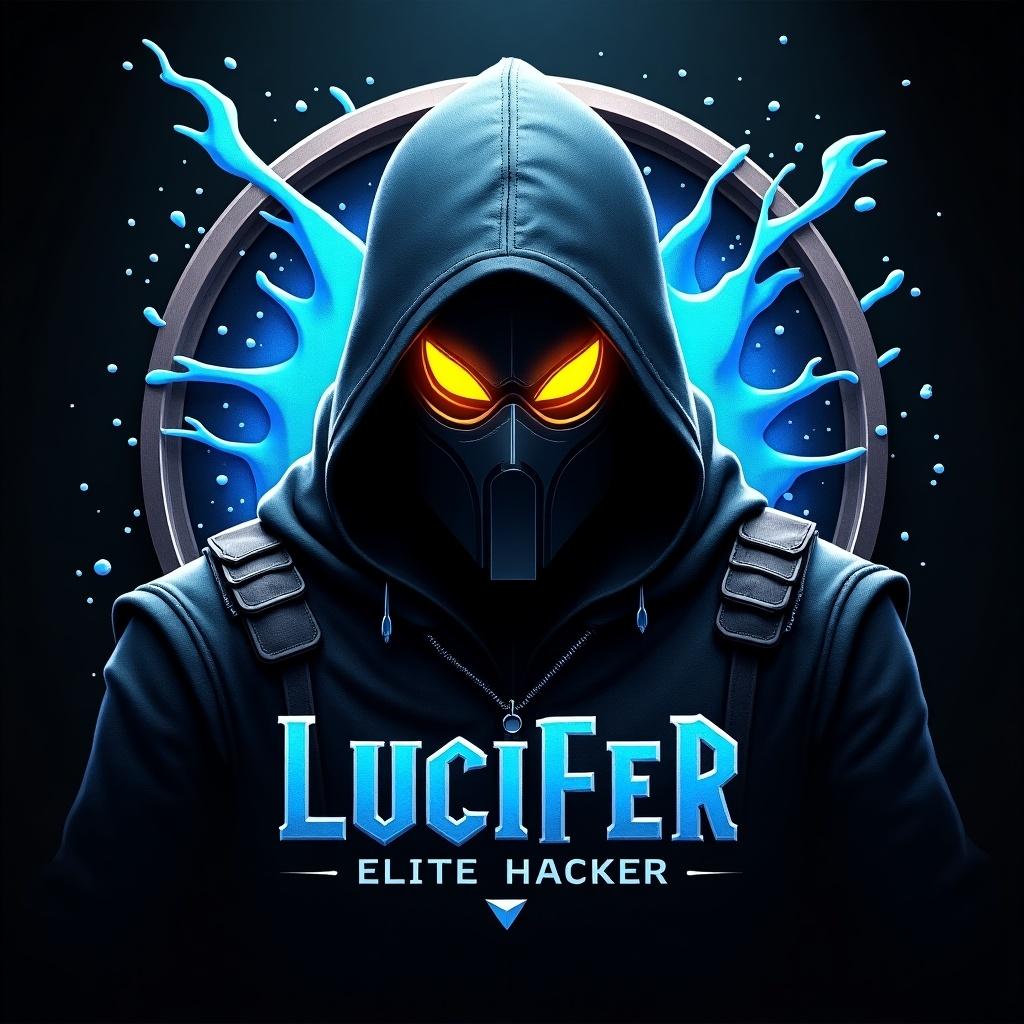 Logo design depicting a mysterious hooded figure with glowing yellow eyes. The design includes a metallic background texture and blue liquid splash effect. Emphasizes strength and mastery. Features the name 'Lucifer' and title 'Elite Hacker.'