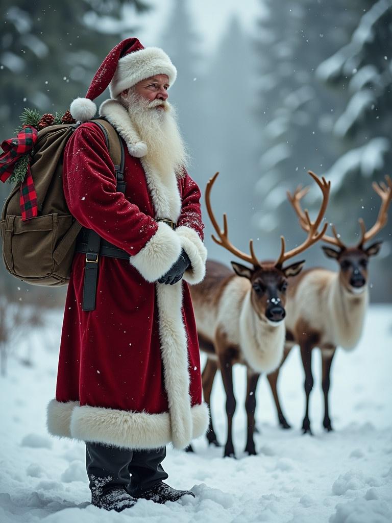 Santa Claus stands in snow. Two reindeer beside Santa. Winter forest background. Snow falling creates festive atmosphere.