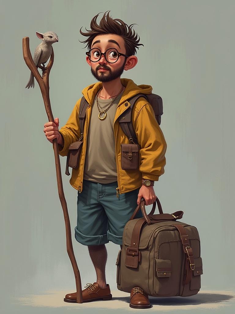 A child dressed in a yellow jacket exploring nature. The child carries a brown backpack and holds a stick with a small bird. The scene conveys adventure and curiosity.