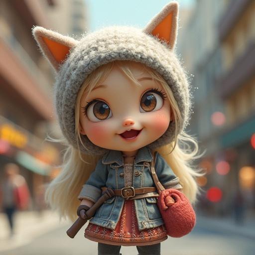 A cute doll-like character wearing a knitted hat with cat ears and a denim jacket stands in a charming outdoor street setting. She has large expressive eyes that add to her playful demeanor.