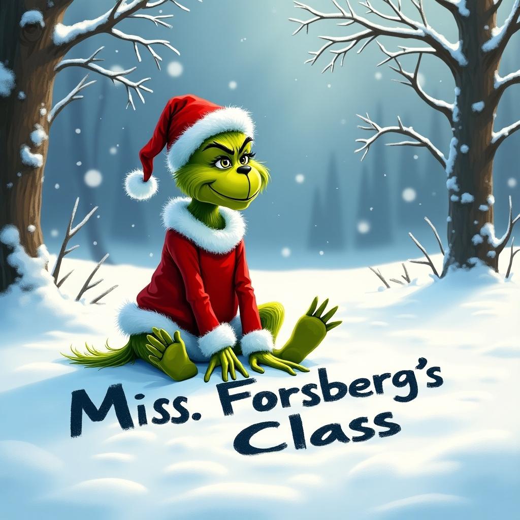 In a snowy landscape, the Grinch in a red and white Christmas outfit is writing in the snow. He happily writes 'Miss. Forsberg's Class' in fresh snow.