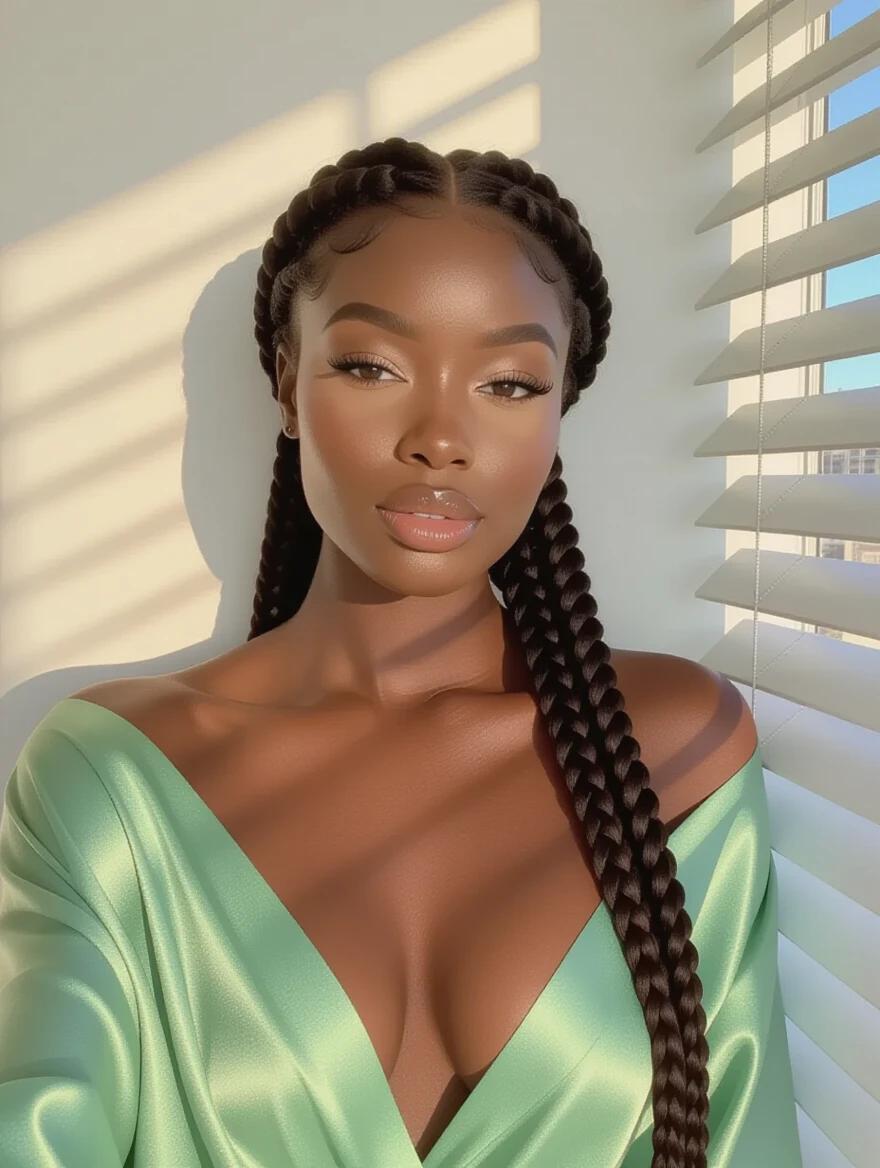 Candid iPhone selfie of a beautiful Black woman. Soft morning light filtering through window blinds. Silk sage-green robe draped off one shoulder. Braids tied back. Natural skin glowing with realistic texture. Gazes calmly into the camera. Clean tones with subtle shadowing. Close-up with casual tilt.