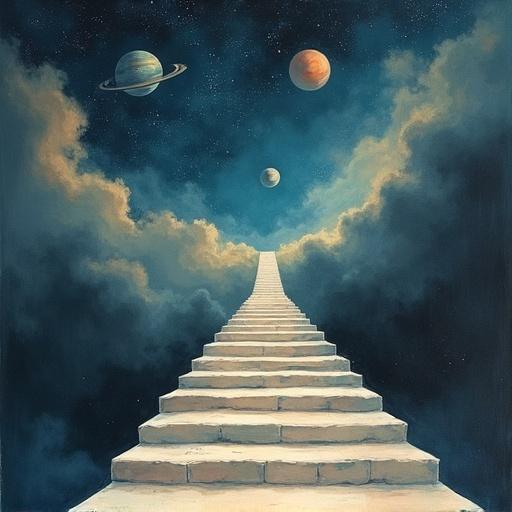 A staircase ascends into space leading to an endless expanse with planets and stars. A subtle mist surrounds faint celestial bodies. The composition is dreamlike and minimalistic, showcasing surreal elements with textured brushwork. The style is illustrative, emphasizing emotive storytelling.
