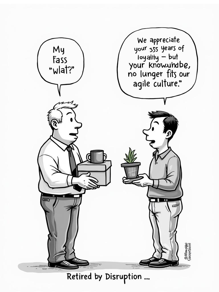 A single-panel comic shows a middle-aged man on his last workday holding a box with a mug and a plant. His boss, a younger man, states that the older man's knowledge no longer fits their agile culture.