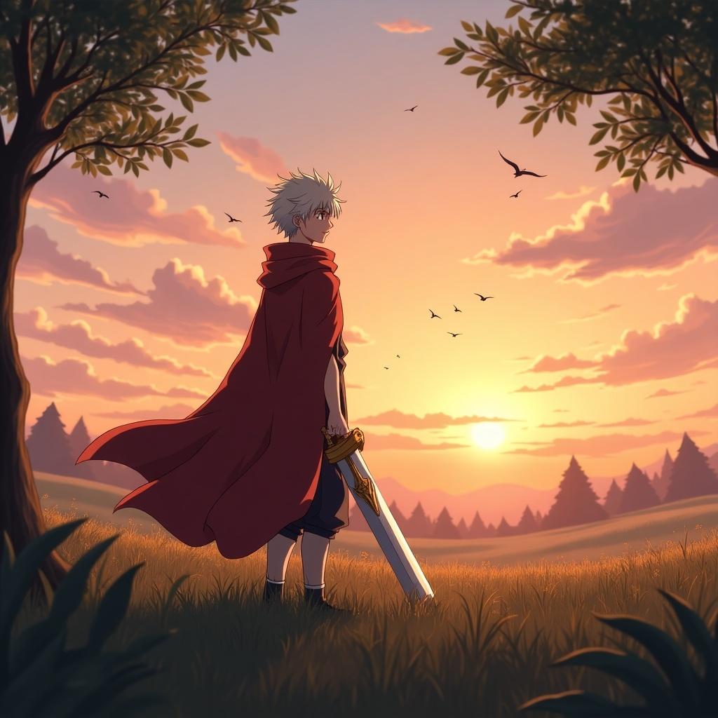 A character stands in a grassy field at sunset. Sky has shades of orange and pink. A cloak is draped over the character. A sword is held. Expression shows calm determination. Birds are flying overhead. A gentle breeze rustles leaves.