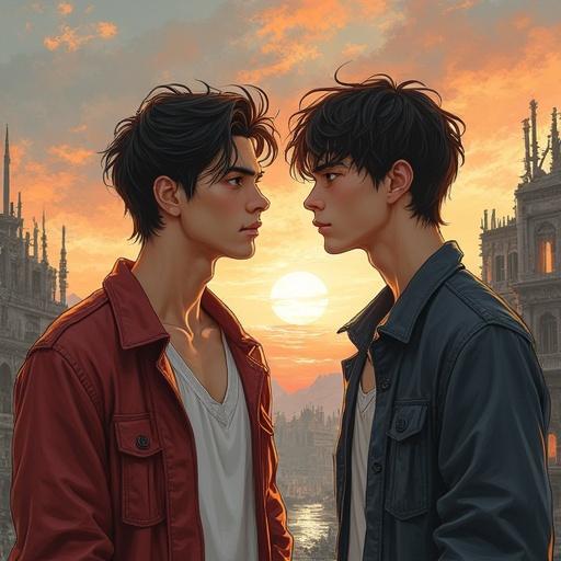 Illustration of two young, handsome men with distinct features locked in a gaze. A ruined cityscape serves as the backdrop. A sense of desire and connection is portrayed between the two.