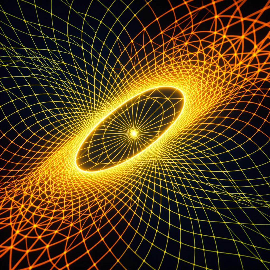 Bright glowing yellow thread at the center surrounded by a 3D grid rotates with invisible forces. Vibrant colors of yellow and orange contrast against a dark background. Depth and curvature depict the bending of reality and gravity.