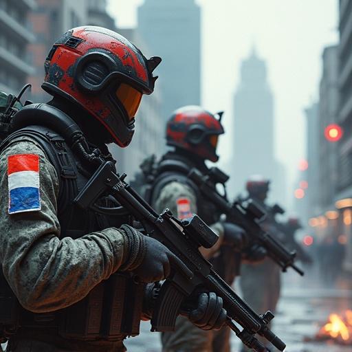 Dutch military forces with advanced weapons are constructing barracks in a modern city. Surrealism involves colorful, futuristic architecture. Hyperrealistic detail and clear textures enhance the scene.