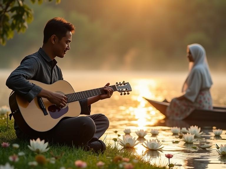 Close-up of a man sitting on grass beside a pond. He plays an acoustic guitar. The setting sun casts golden hues. White lotus flowers float on the water. A woman in a white jilbab rows a boat in the background. The scene feels romantic and peaceful.