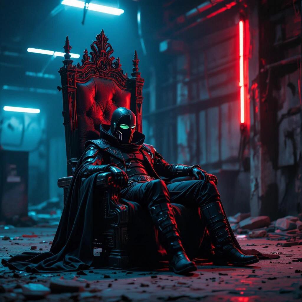Portrait of a masked figure lounging in an impressive throne inside a crumbling tech warehouse. The setting is dark and atmospheric with ambient red and blue lighting.