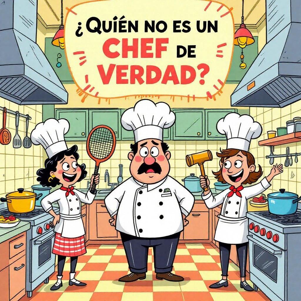Cartoon image titled '¿QUIÉN NO ES UN CHEF DE VERDAD?'. Depict a colorful chaotic kitchen with chefs preparing extravagant dishes. Center features a puzzled head chef. Two characters stand out: one uses a tennis racket and the other a hammer instead of kitchen tools. Use vibrant colors and bold cheerful typography.