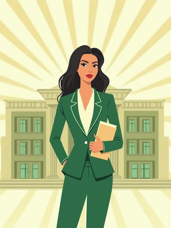 Elegant Egyptian woman in 40s wearing modern green suit standing confidently in front of government building holding file. Minimalist style with soft green tones and background with sun rays. Flat illustration with clean lines and modern design.