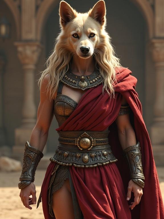 A powerful female figure resembling Lady Godiva dressed in Spartacus-style armor. The character has a fox-like dog head and intricate details in the attire. The background features ancient architecture. The image is rendered in high resolution with vibrant colors and layers of detail, creating a fantastical atmosphere.