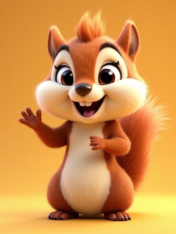 A super adorable and smiling little squirrel is waving. The character features big cute eyes and a fluffy texture. The background is a solid bright color. The image has ultra high definition with a highly detailed face.