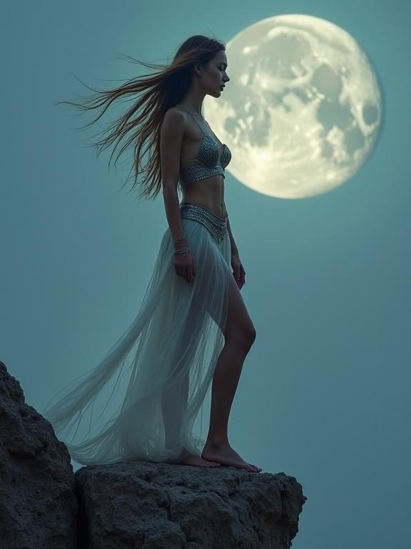 A warrior goddess stands tall on a cliff under a bright full moon. She wears a chainmail bandeau and an airy skirt. The scene captures a sense of strength and grace. Wind plays with her long hair.