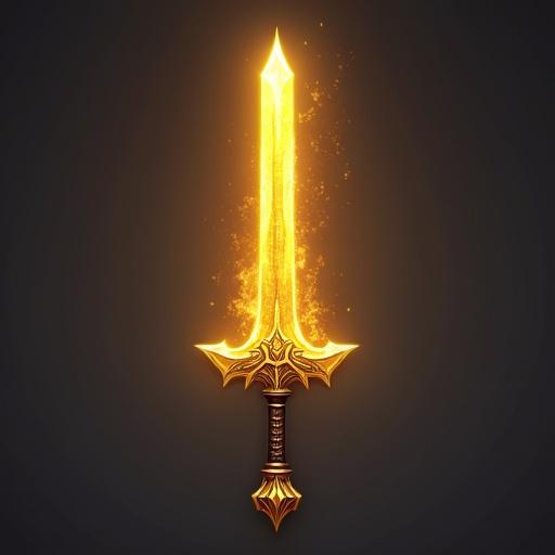 Icon of a golden arcane sword designed for a card game. Sword is glowing and detailed, emphasizing the fantasy theme. Transparent background to fit various designs.