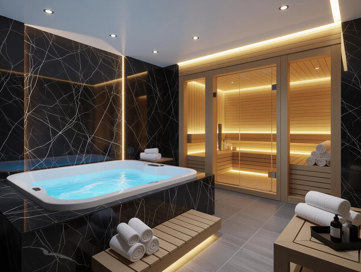 Ultra-modern luxury indoor spa room. Built-in jacuzzi with glowing blue water. Dark marble walls with white veining. Soft LED accent lighting. Wooden sauna room with glass doors. Warm backlit wooden seating. Folded towels and spa accessories arranged neatly. Ambient ceiling lighting with recessed glow. Smooth gray tiled floor. Calm and relaxing atmosphere. Photorealistic lighting and textures. No people.