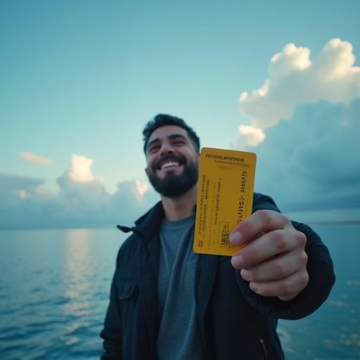 Low angle view of a person holding a travel ticket. Person smiling and looking up. Calm background of sky and water with cinematic clouds. Color palette includes dark blue, white and gold.