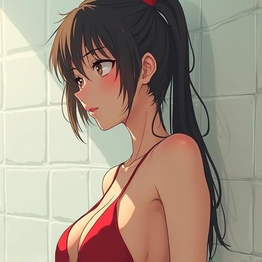 Profile view of an anime character in a bikini. The character has long dark hair and stands against a wall. She has a thoughtful expression and stylish appearance.