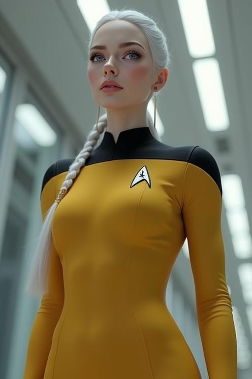 A hyperrealistic depiction of a female character in a tight yellow and black bodysuit. The character features long white hair styled in a ponytail. Light blue eyes and very pale skin create contrast. The background includes elements reminiscent of a Star Trek starship. Dramatic angle and cinematic lighting enhance the overall aesthetic.