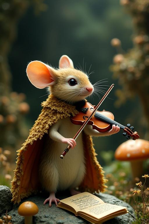 A small mouse wearing a feathered cape plays a violin made from a seed in an enchanting underground theater. The setting includes mushroom seating and natural instruments. She transcribes melodies from ancient artifacts onto leaf sheet music.