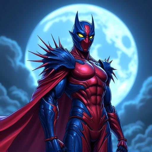 Heroic figure in red armor with spiky details. A large glowing moon in background. Style combines anime and superhero elements.
