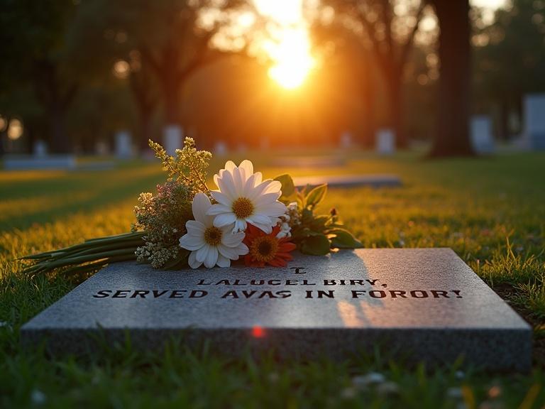 Slow zoom on the grave with fresh flowers. Engraved plate visible. Warm sunset light shining on the scene. Calm atmosphere in the cemetery.