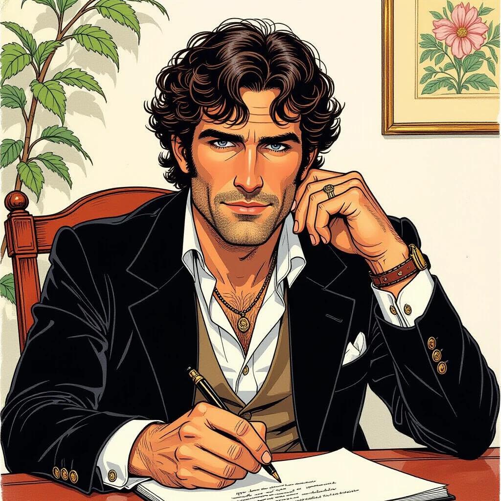 Stylish man with curly hair dressed in a smart outfit sits at a wooden desk. He holds a pen thoughtfully while gazing at a piece of paper. Background features a plant and a framed flower painting. Interesting attire and accessories enhance the character's charm.