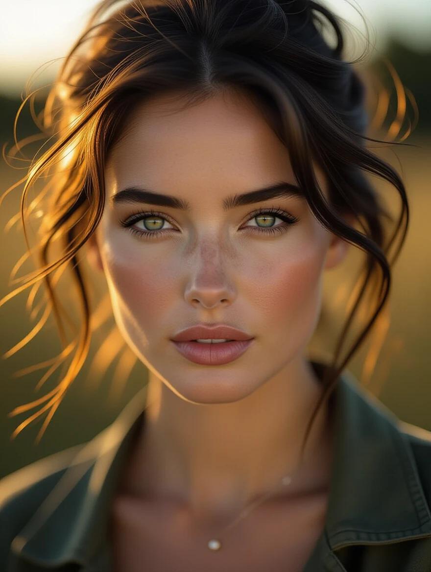 Beautiful woman with intense gaze in a close-up portrait. The lighting was cinematic during golden hour creating a soft, warm ambiance. Hair cascades with a windswept look. Background has a moody effect with subtle bokeh. Photorealistic quality with ultra sharp focus and detailed skin texture.