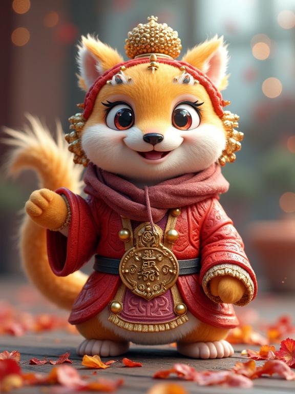 3D animation style. A fox with orange and white fur wearing traditional clothing. Cute expression. Bright and cheerful atmosphere.