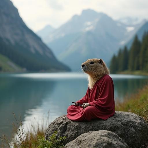 A groundhog in a red robe sits by a lake in the mountains. The animal appears peaceful, as if in meditation. The background features scenic mountains and a calm lake.
