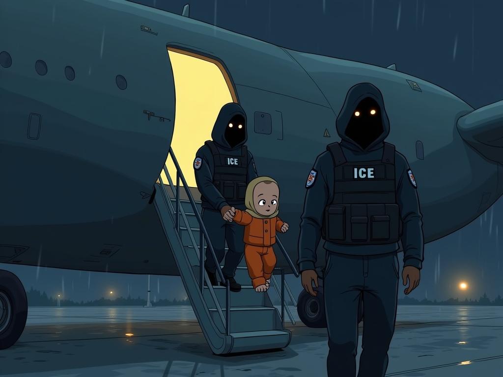 Dramatic animated scene showing two hooded ICE agents with a small sick baby dressed in orange suit being taken up steps of a government airplane at night. The agents have obscured faces, wearing tactical gear. The baby appears confused but unharmed, wrapped in a light blanket. A large grey military-style jet with an open hatch and harsh floodlights adds to the atmosphere. Wet tarmac reflects the lights, creating a tense mood.