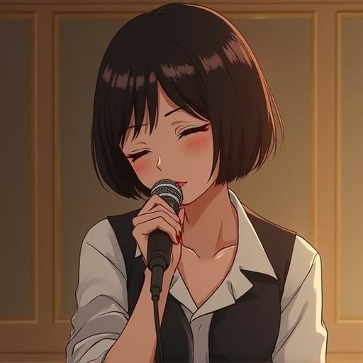 Female singer with a microphone. Shoulder-length hair. Wearing a black vest over a white shirt. Smiling gently while singing. Warm lighting enhancing the mood.