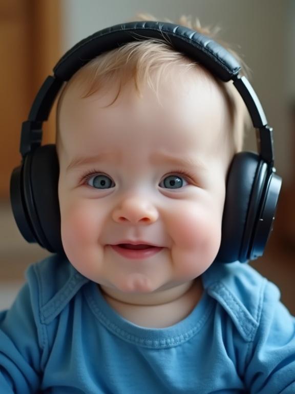 Close-up image of a smiling baby wearing large headphones. Baby has chubby cheeks and blue clothing. Background is a softly blurred music studio with hints of recording equipment.