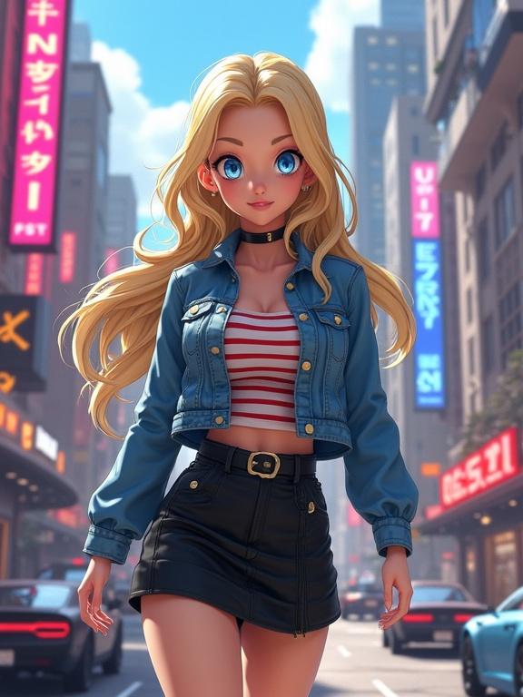 A character inspired by Androide 18 walks gracefully. Setting is a vibrant, futuristic West City with neon signs. Character wears a denim jacket, striped shirt, and black skirt. Hair flows elegantly. Scene is bustling with flying cars.