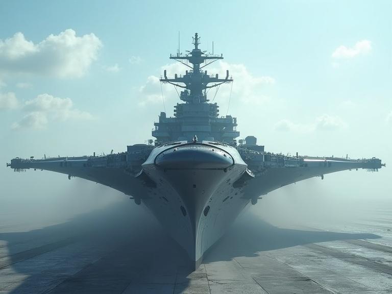 Image of a dark cinematic sleek light grey sci-fi aircraft carrier. Bright blue sky with dust in the atmosphere. Focus on realism, details, shadows, and textures. High resolution.