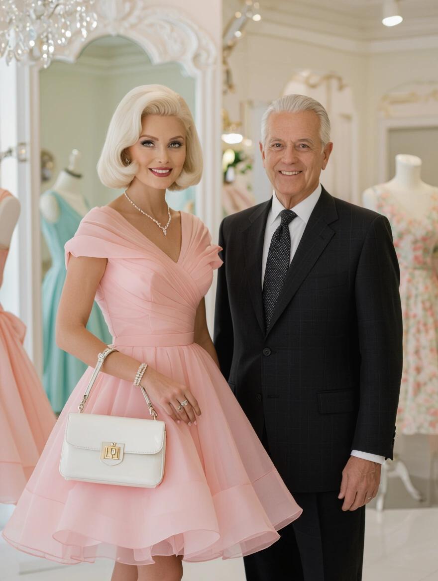 Portrait of a woman with platinum blonde hair. Woman wears a pink chiffon dress. She carries a white purse. An older man in a suit stands beside her. The setting is a dress boutique with elegant decor.