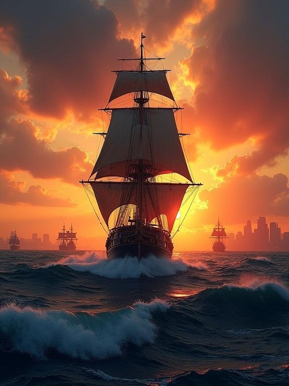 Large sailing ship silhouetted against dramatic sunset. Ship centrally positioned. Historical vessel with multiple masts. Sails billowing in wind. Moving forward through turbulent sea. Sunset sky with fiery oranges and reds. Dark stormy blue sea with rough waves. City skyline in the distance. Composition evokes history and power. Perspective from above waves. Light from behind ship highlights silhouette. Realistic and dramatic style. Smaller ships visible in distance.