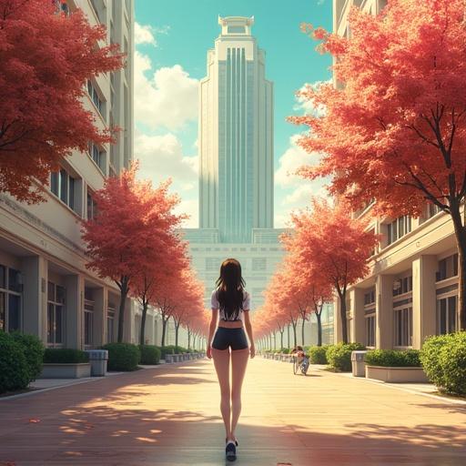 Anime theme with futuristic setting in the summer. Features an oversized aquamarine high school building. Morning light highlights red cherry blossoms along the street. Palm trees are present.