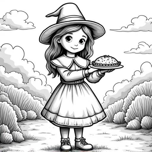 A girl in a pilgrim costume holds a pie. Black and white outline illustration suitable for coloring. Summer and autumn themes present. Central position with two-sided story concept. Represents farming life.