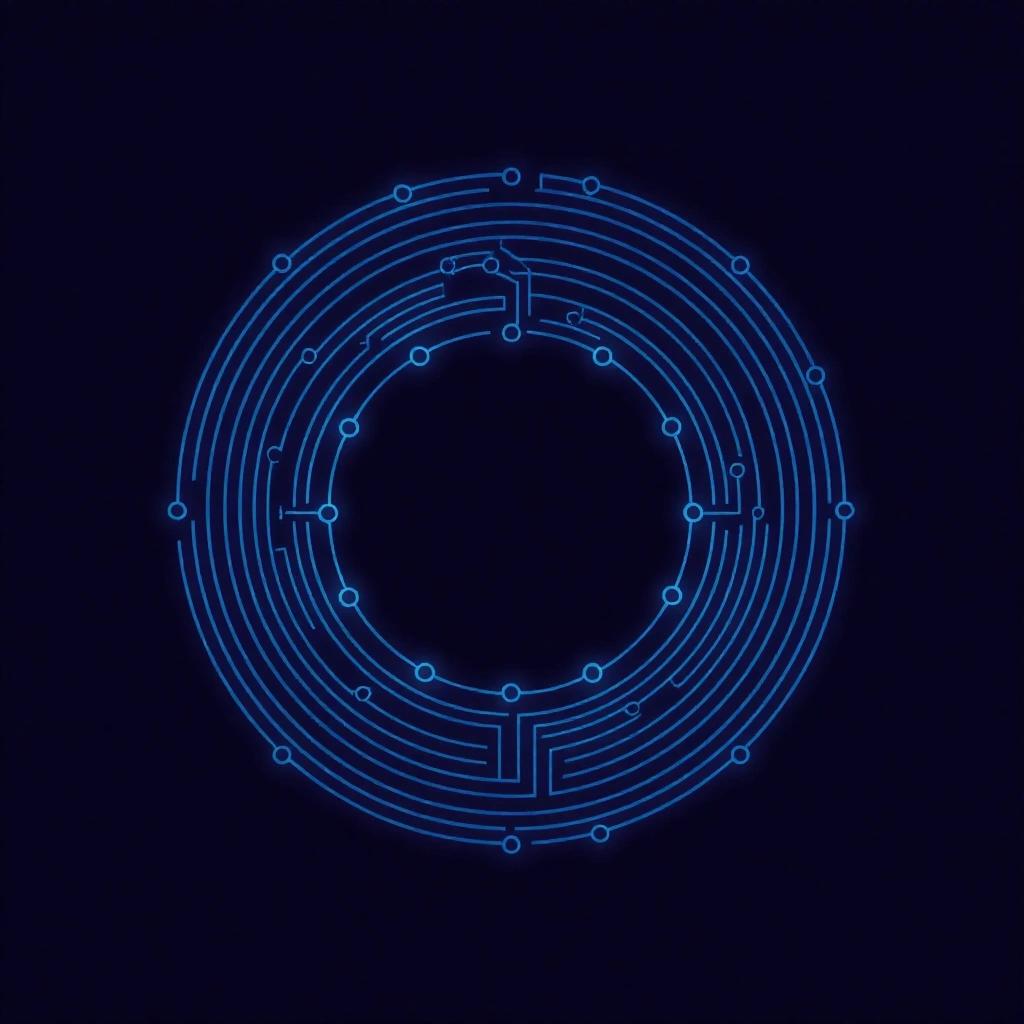 Design minimal elegant background featuring abstract circular circuit pattern in muted blue against dark background. Circuit lines thin clean with subtle glowing accents at connection points. Focus on form interplay of light shadow within circular design.
