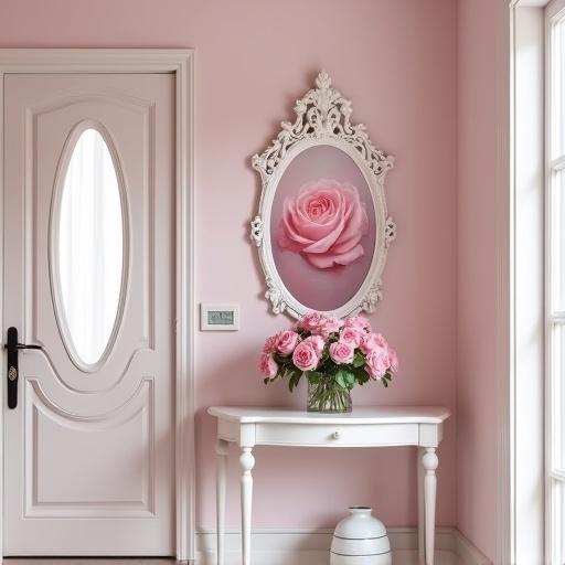 Entryway features light pink walls and white trim. Light pink door with an oval window. White entryway table displays a pink vintage rose painting in a white rococo frame. A white rococo oval mirror hangs above the table. A pink rose bouquet rests on the table.